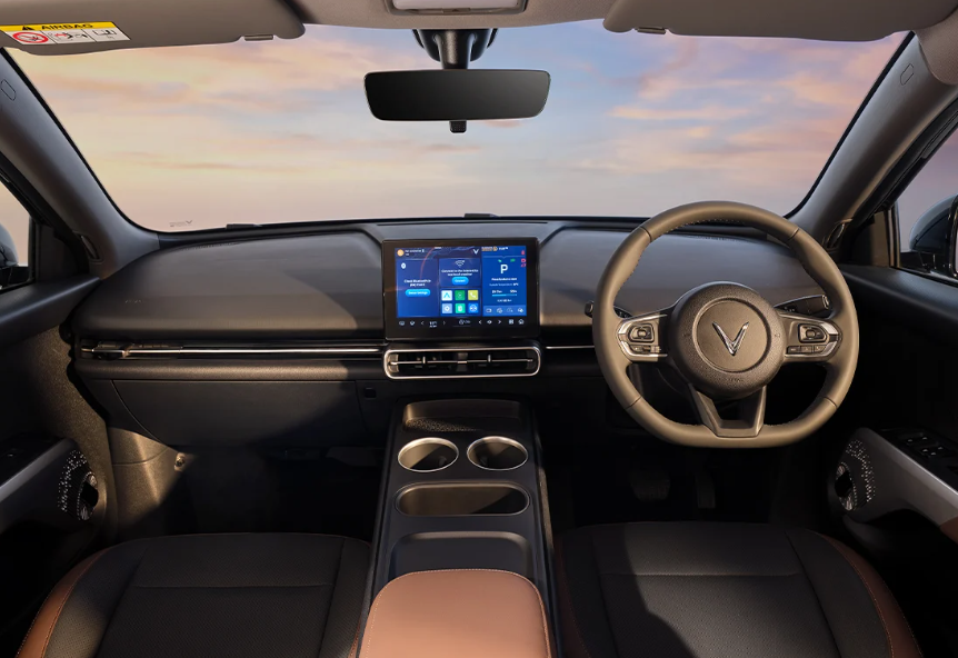 VinFast dashboard, touchscreen and steering wheel